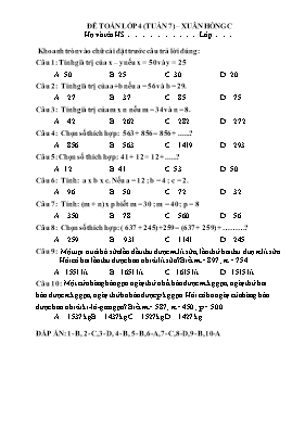 Đề khảo sát môn Toán Lớp 4 - Tuần 7 - Trường TH Xuân Hồng C